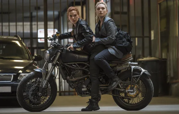 Scarlett Johansson, motorcycle, redhead, blonde, Black Widow, Natasha Romanoff, motorbike, Marvel Studios