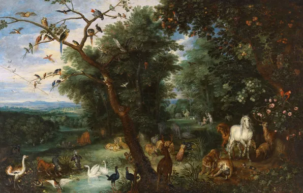 Картинка картина, мифология, Ян Брейгель старший, Адам и Ева в Эдемском Саду