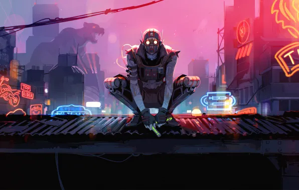 На крыше, игровой арт, octane, неоновые вевески, Apex Legends
