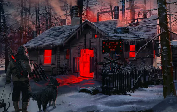 Картинка зима, лес, ночь, дом, фантастика, завод, будущие