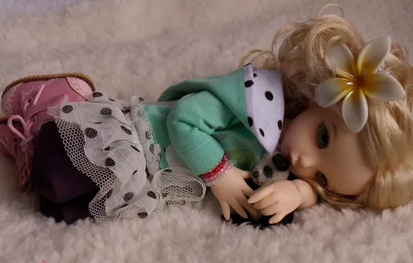 Цветок, игрушка, кукла, блондинка, лежит