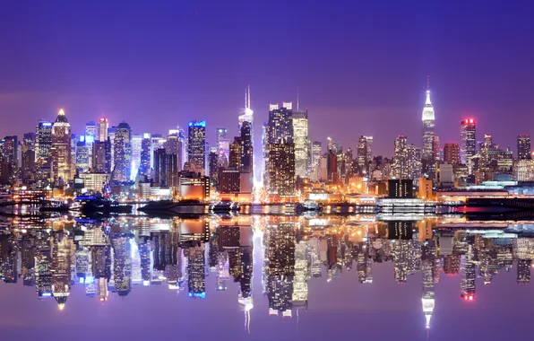 Lights, USA, ночной город, Манхэттен, Нью Йорк, небоскрёбы, skyline, night