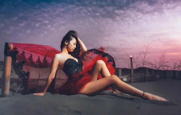 Картинка песок, девушка, вечер, платье, ткань