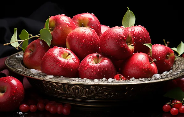 Листья, капли, темный фон, яблоки, урожай, красные, фрукты, много