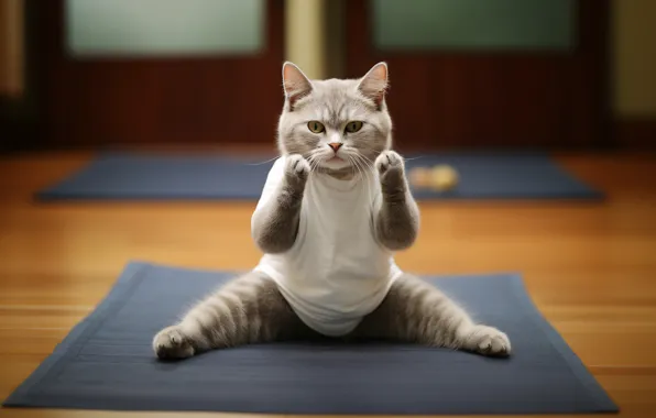 Кошка, кот, взгляд, поза, котенок, серый, спорт, лапки