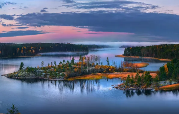 Картинка осень, лес, небо, озеро, Карелия, Лашков Федор