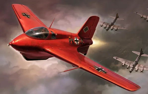 Картинка aircraft, art, airplane, painting, WW2, WAR, Messerschmitt Me 163 Komet, AVIATION