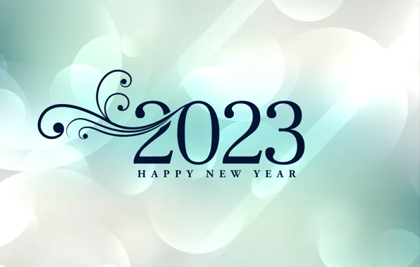 Завитки, цифры, Новый год, светлый фон, дата, боке, 2023, Новый 2023 год