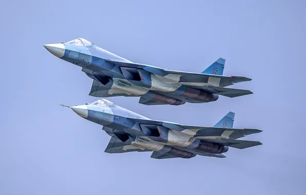 Картинка пара, полёт, Т-50, ВКС России, Су-57, Su-57, многофункциональный истребитель