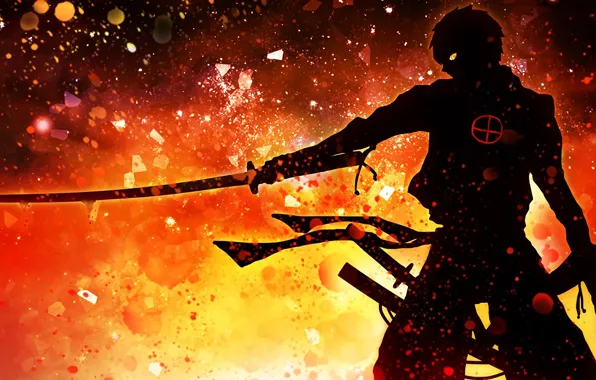 Demon, wallpaper, fire, battlefield, red, flame, sword, gun