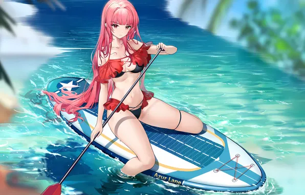 Girl, sexy, wet, cleavage, pink hair, long hair, sea, boobs