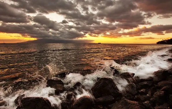 Море, небо, закат, камни