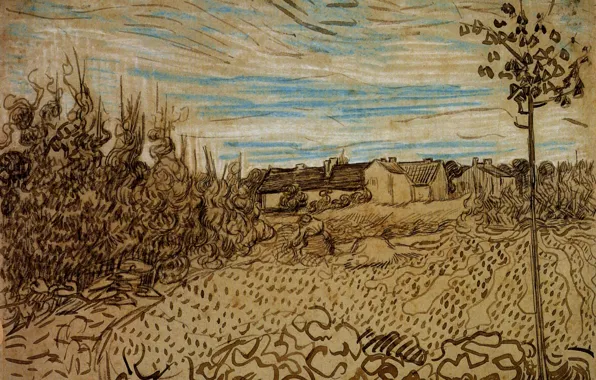 Винсент ван Гог, Working in the Foreground, Cottages with a Woman