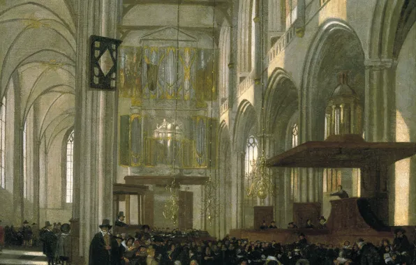 Картинка Emanuel de Witte, Interior of the Nieuwe, ca1658, Нидерландская живопись., During a Service, Kerk in …