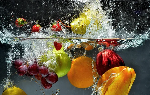 Вода, брызги, ягоды, фрукты