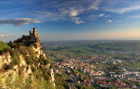 Картинка панорама, San Marino, Сан-Марино, Башня Гуаита, Borgo Maggiore, гора Монте-Титано, Guaita tower, Борго-Маджоре