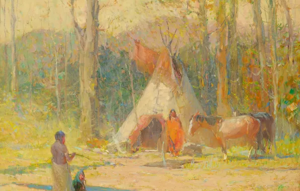 Картинка лес, лошадь, Oscar Edmund Berninghaus, ca.1930, Making Camp