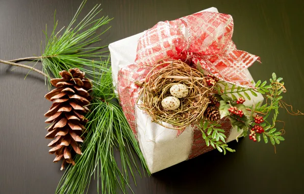 Картинка коробка, подарок, яйца, ветка, Новый Год, Рождество, гнездо, бант