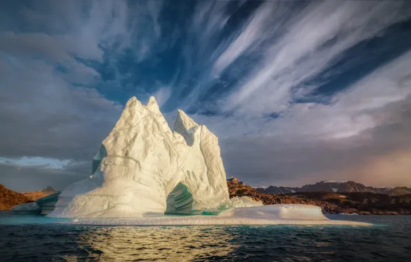 Картинка море, облака, айсберг, льдина, фьорд, Гренландия, Greenland, Scoresby Sound