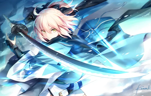 Девушка, меч, saber, fate stay night, anime, art