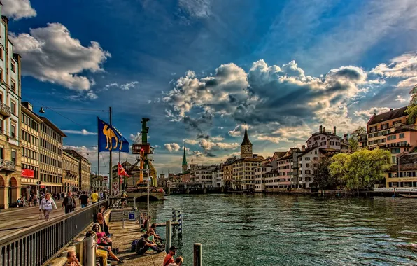 Здания, Швейцария, набережная, Switzerland, Zürich, Цюрих, река Лиммат, Limmat River