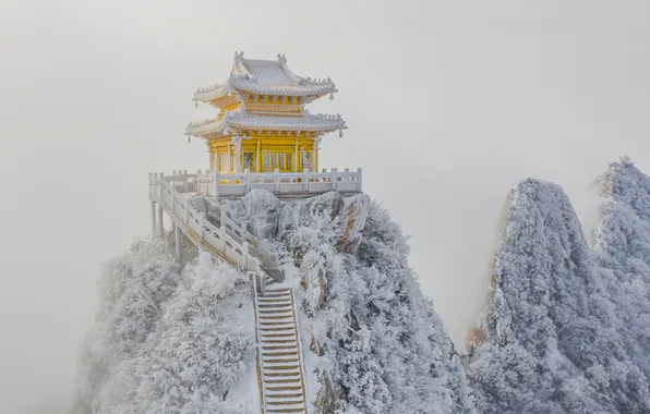 Картинка China, mountains, snow, temple, frost, starway