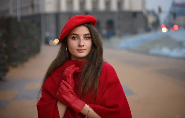 Дорога, взгляд, девушка, город, улица, здание, портрет, руки