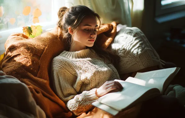 Girl, young, beautiful, cute, reading, sweater