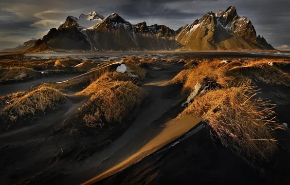 Картинка пейзаж, горы, mountain, Iceland, Vestrahorn, Stokksnes