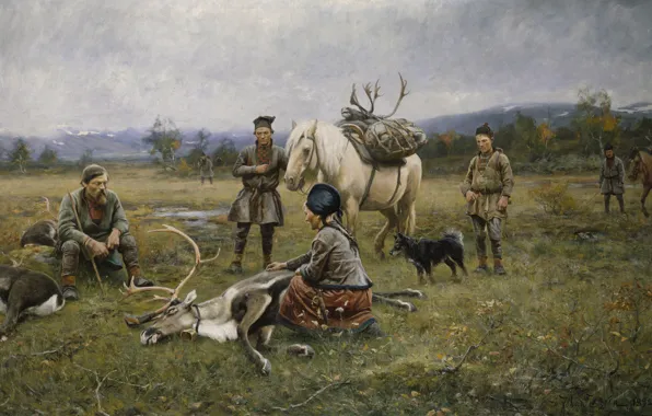 Юхан Тирен, 1891, шведский художник, Swedish painter, Отстрел оленей, The Laplander Camp at Gleen, Johan …