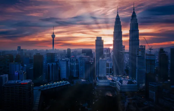 Картинка city, sky, sunset, skyscraper, clouds, Kuala Lumpur, architecture, building