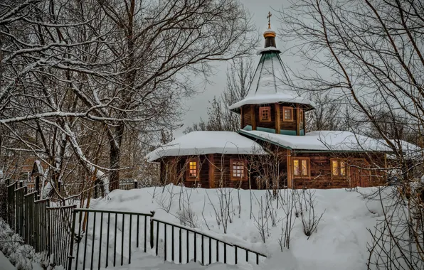 Картинка зима, снег, деревья, пейзаж, природа, забор, церковь, Вячеслав Бирюков