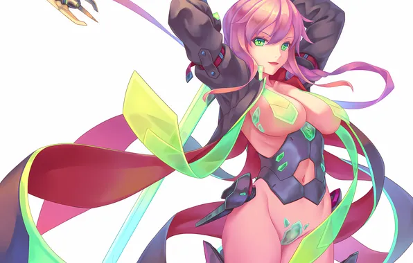 Girl, sword, sexy, pink hair, armor, green eyes, long hair, boobs