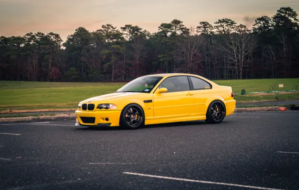 BMW, Yellow, E46, Parking, Forest, M3