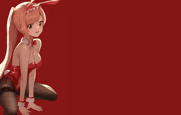 Картинка anime, red, sexy, boobs, pink, girl, sitting, breasts