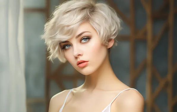 Взгляд, девушка, стрижка, портрет, макияж, блондинка, красотка, плечи
