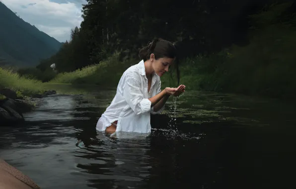 Girl, forest, river, canon, landscape, nature, woman, water