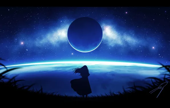 Картинка звезды, луна, один, силуэт, девочка, girl, moon, One