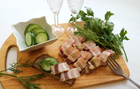 Картинка зелень, огурцы, закуска, сало