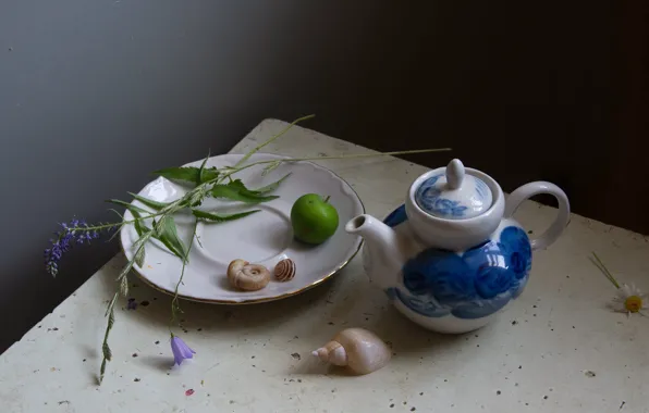 Цветы, стол, яблоко, чайник, ракушки, натюрморт, блюдце