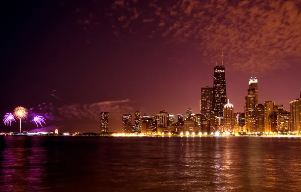 Картинка ночь, огни, Чикаго, панорама, США, феерверк, Иллиноис
