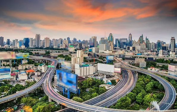 Город, здания, дороги, реклама, Тайланд, Бангкок, экраны