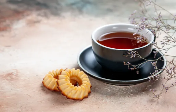 Цветы, чай, печенье, чашка, ветчоки