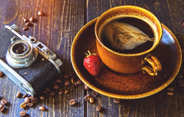Кофе, зерна, камера, клубника, чашка, camera, strawberry, coffee
