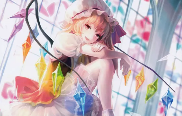 Крылья, окно, витраж, кристаллы, сидит, чепчик, touhou, оборки
