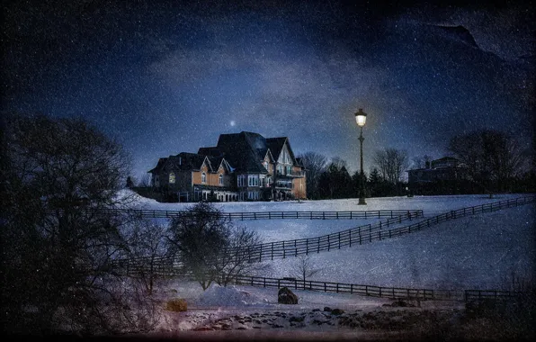 Снег, ночь, дом, обработка, фонарь