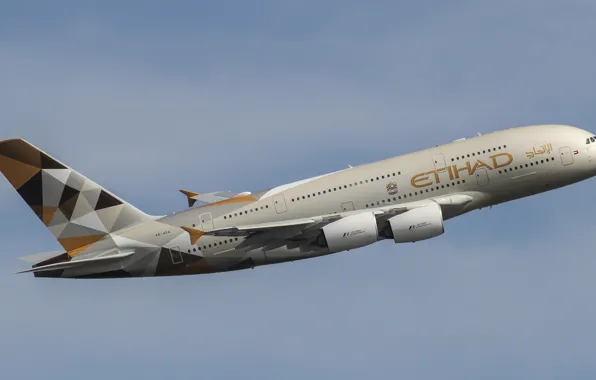 Картинка самолёт, летит, пассажирский самолёт, Airbus A380, треугольники на хвосте
