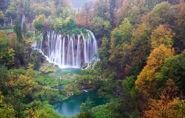 Осень, лес, озеро, скалы, вид, водопад