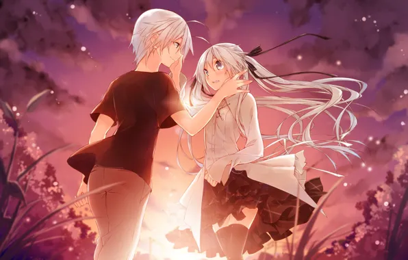 Улыбка, рассвет, платье, пара, Аниме, белые волосы, kasugano sora, Yosuga no Sora