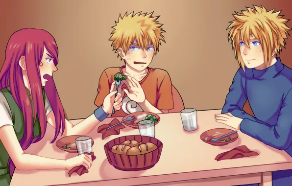 Naruto, naruto, art, Minato, броколи, завтракают, Kushina